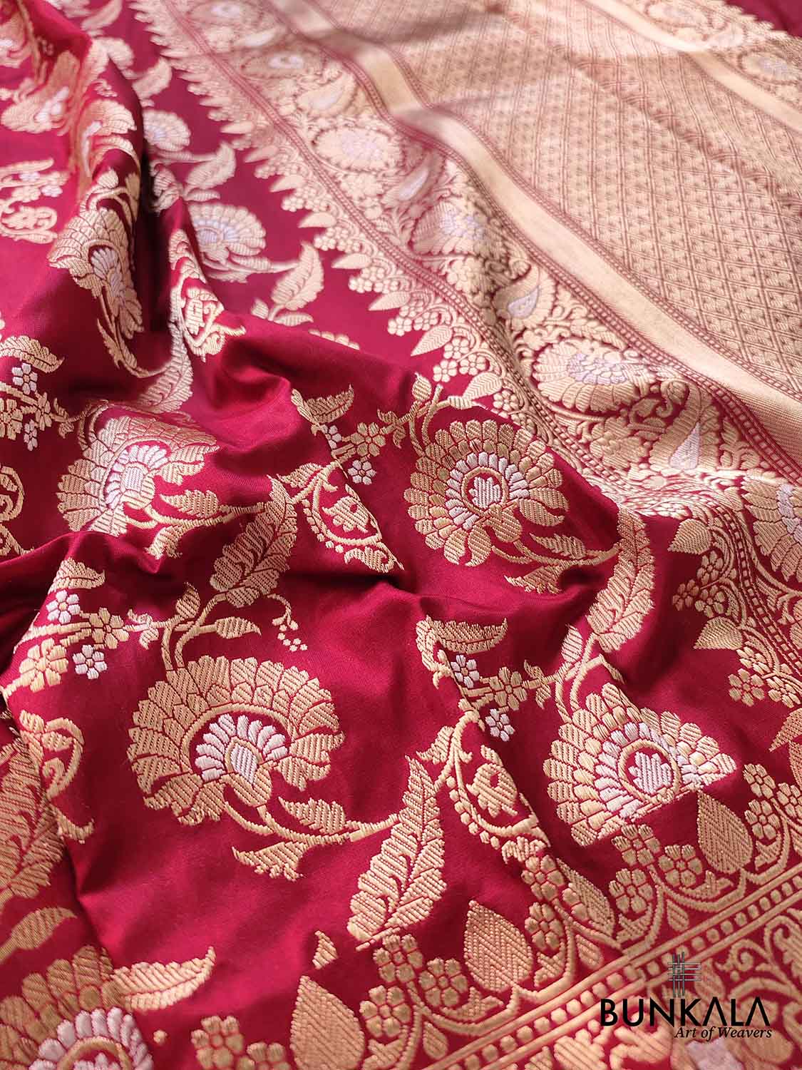Bridal Bliss Maroon Pure Katan Silk Handloom Sona Rupa Kadwa Jangla Banarasi Saree