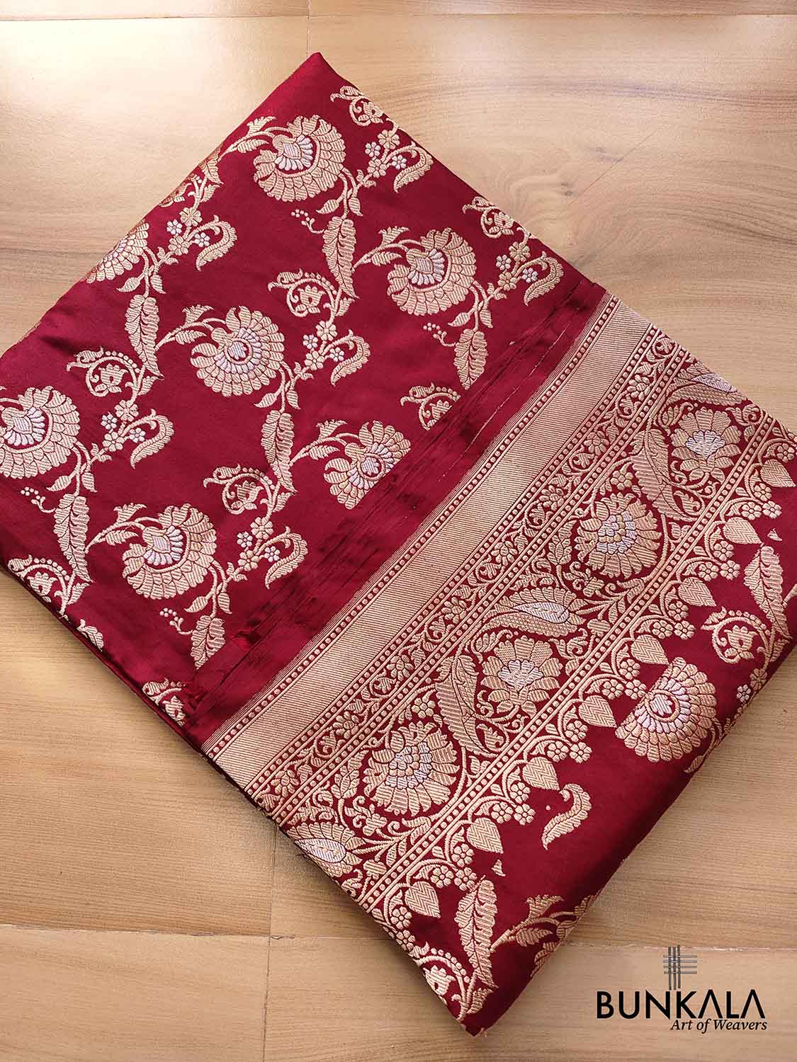 Bridal Bliss Maroon Pure Katan Silk Handloom Sona Rupa Kadwa Jangla Banarasi Saree