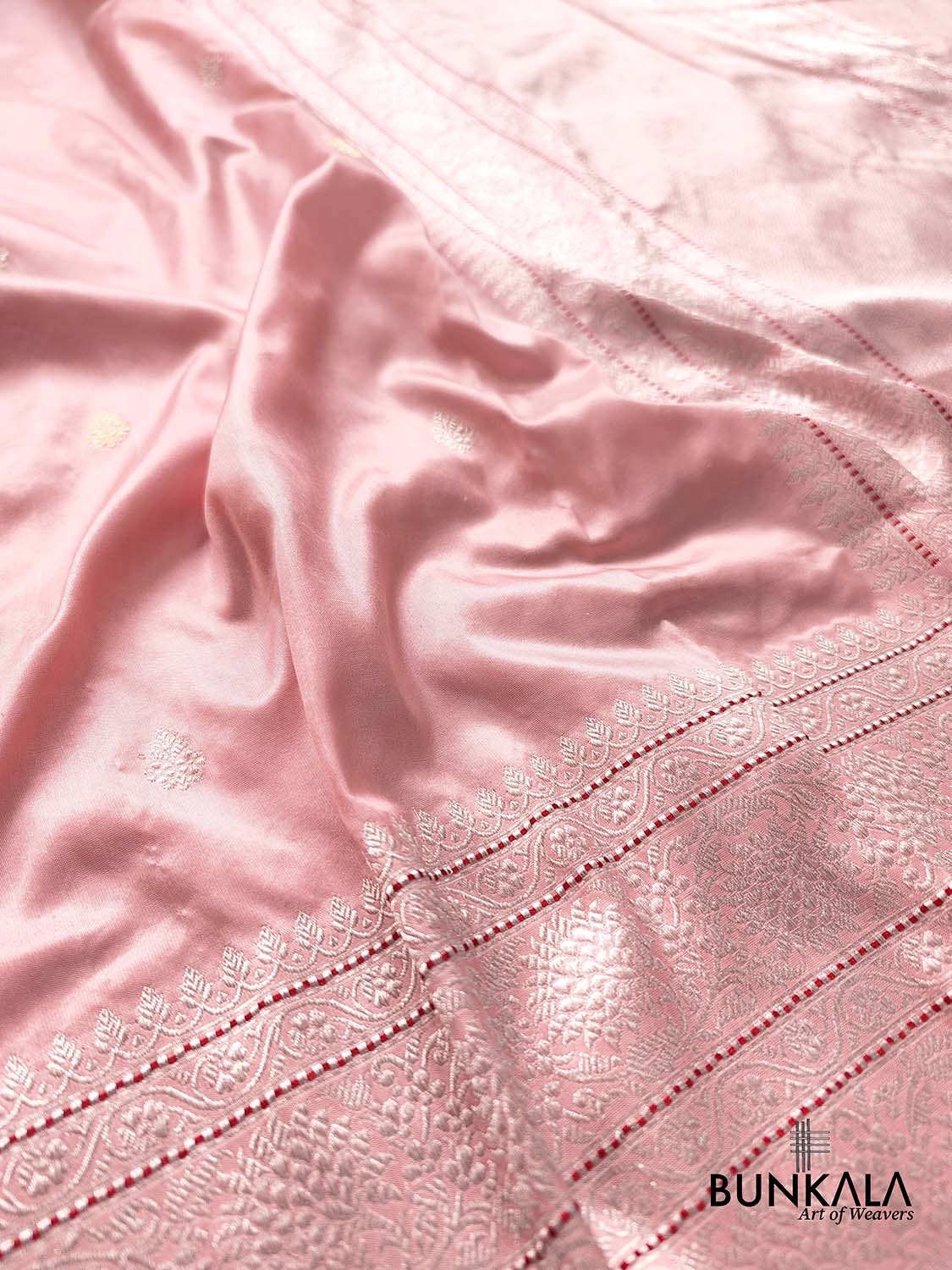 Classic Baby Pink Pure Katan Silk Handloom Allover Sona Rupa Small Kadwa Buti Banarasi Saree