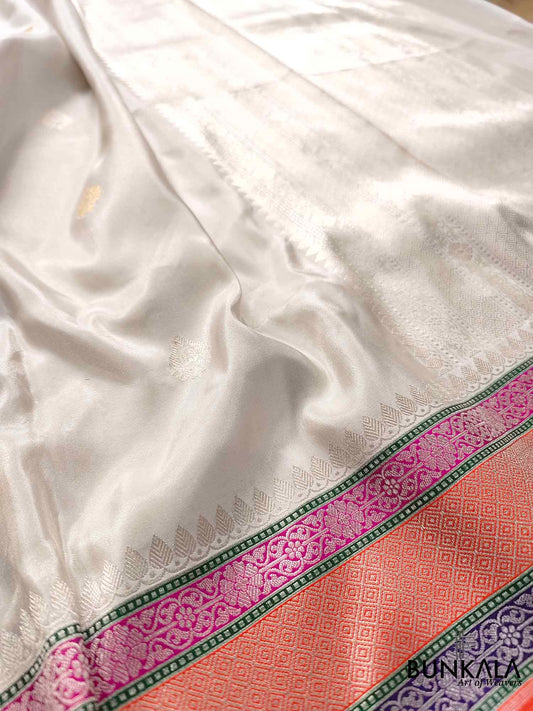 Enchanting White Pure Tissue Katan Silk Handloom Allover Sona Rupa Small Buti Banarasi Saree with Meenakari Border