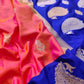 Vibrant Pink Shot Color Pure Katan Silk Handloom Checks Design Allover Buti Banarasi Saree with Blue Contrast Border