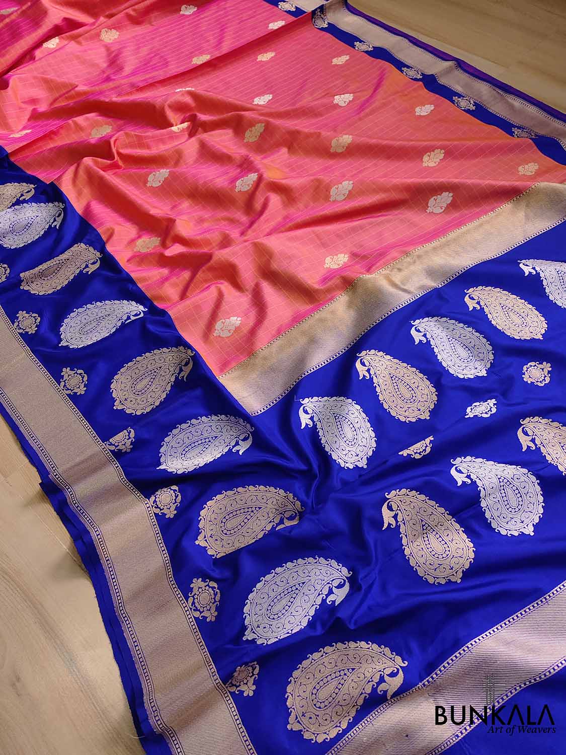 Vibrant Pink Shot Color Pure Katan Silk Handloom Checks Design Allover Buti Banarasi Saree with Blue Contrast Border