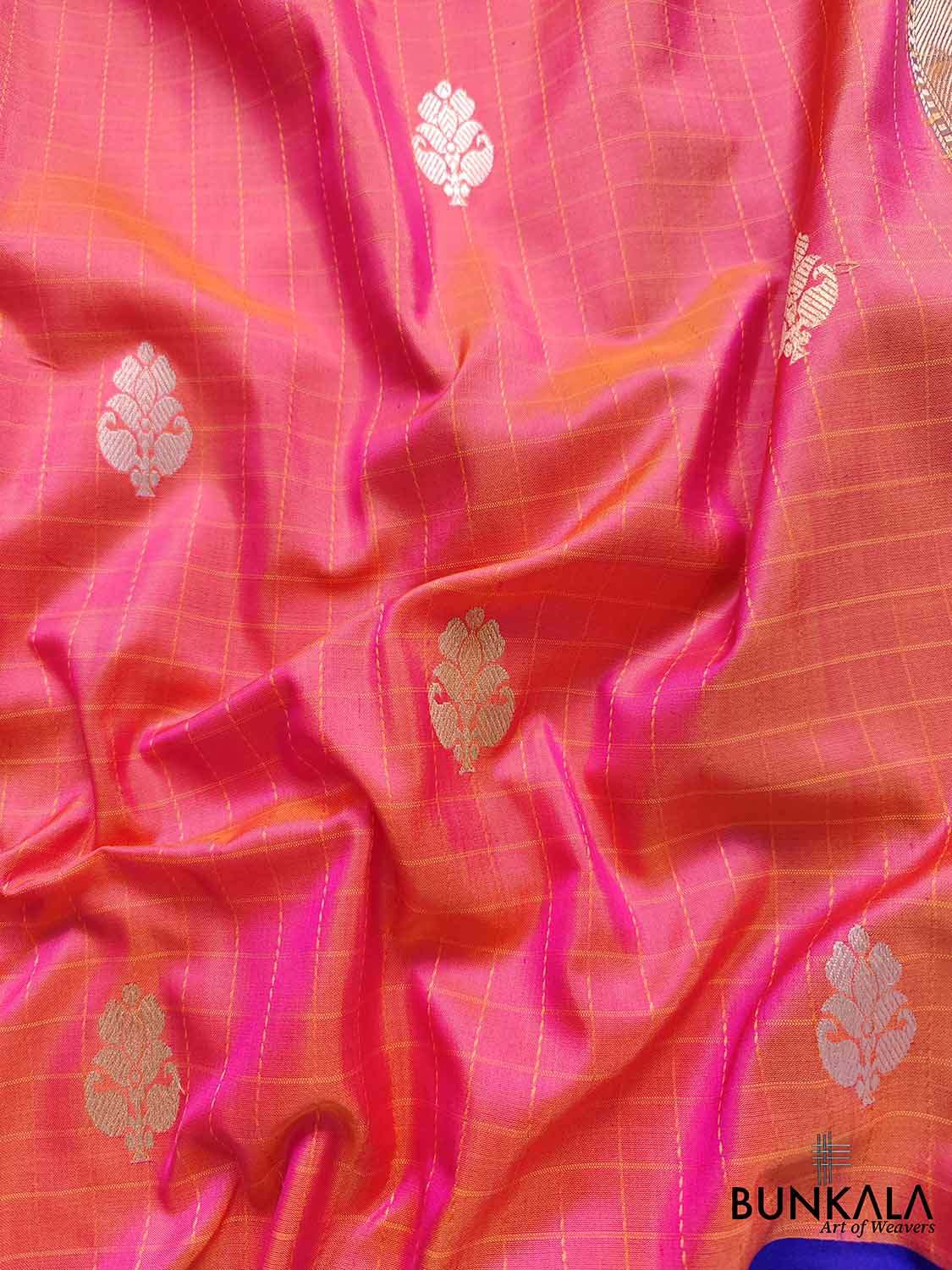 Vibrant Pink Shot Color Pure Katan Silk Handloom Checks Design Allover Buti Banarasi Saree with Blue Contrast Border