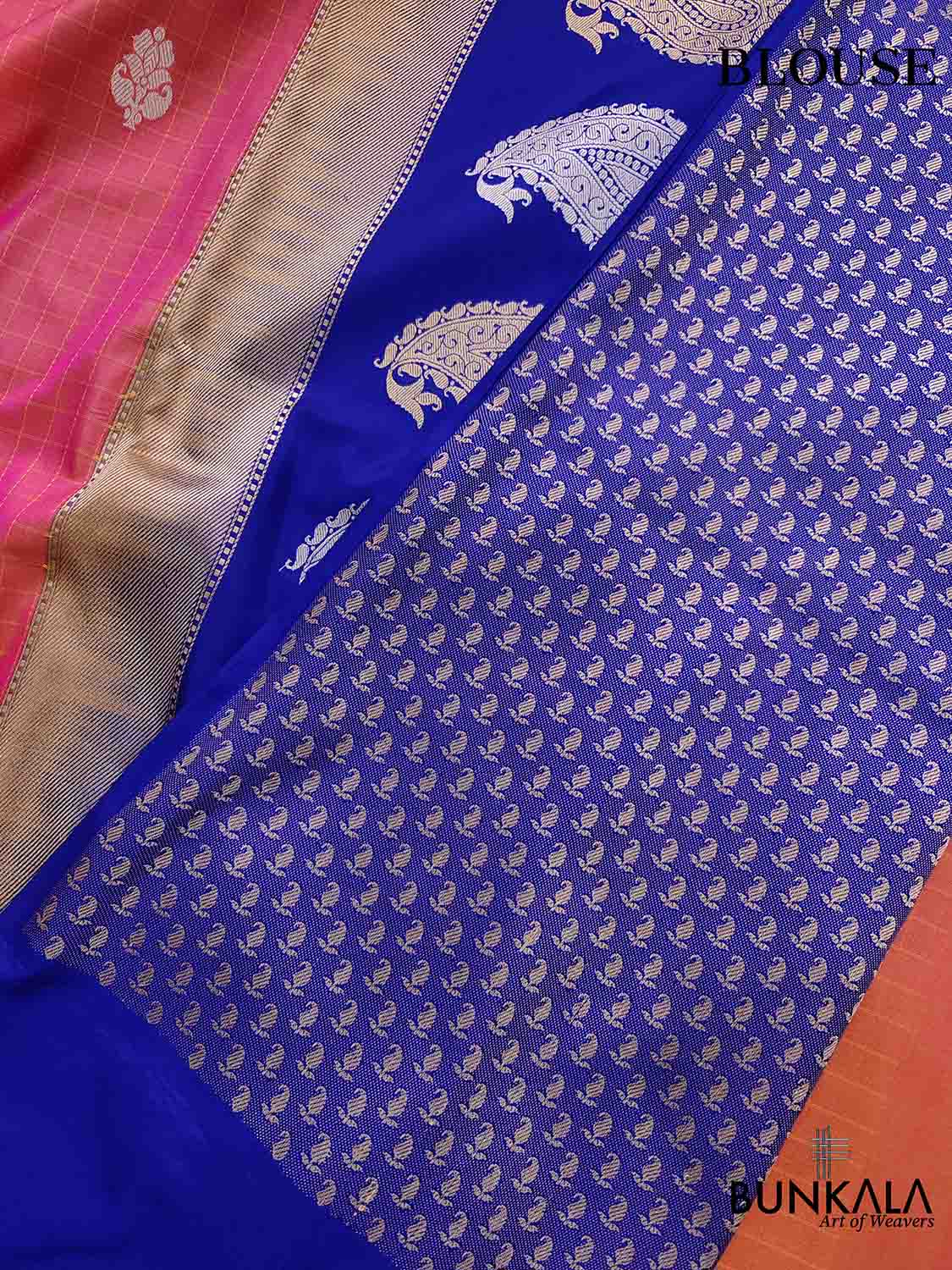 Vibrant Pink Shot Color Pure Katan Silk Handloom Checks Design Allover Buti Banarasi Saree with Blue Contrast Border