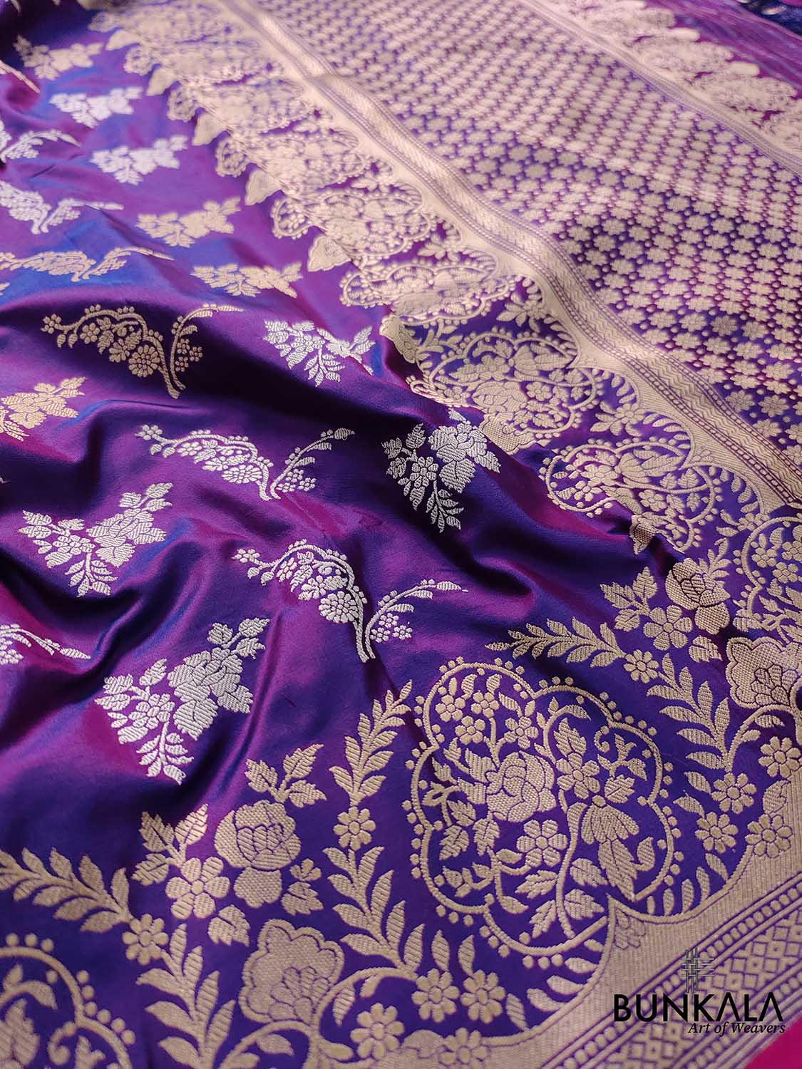 Luxurious Purple Pure Katan Silk Handloom Kadwa Weaved Gold and Silver Zari Floral Design Banarasi Saree