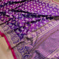 Luxurious Purple Pure Katan Silk Handloom Kadwa Weaved Gold and Silver Zari Floral Design Banarasi Saree