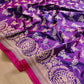 Luxurious Purple Pure Katan Silk Handloom Kadwa Weaved Gold and Silver Zari Floral Design Banarasi Saree