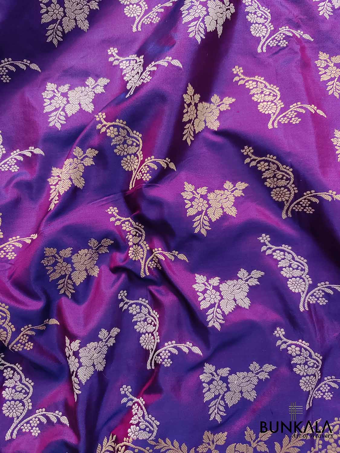 Luxurious Purple Pure Katan Silk Handloom Kadwa Weaved Gold and Silver Zari Floral Design Banarasi Saree