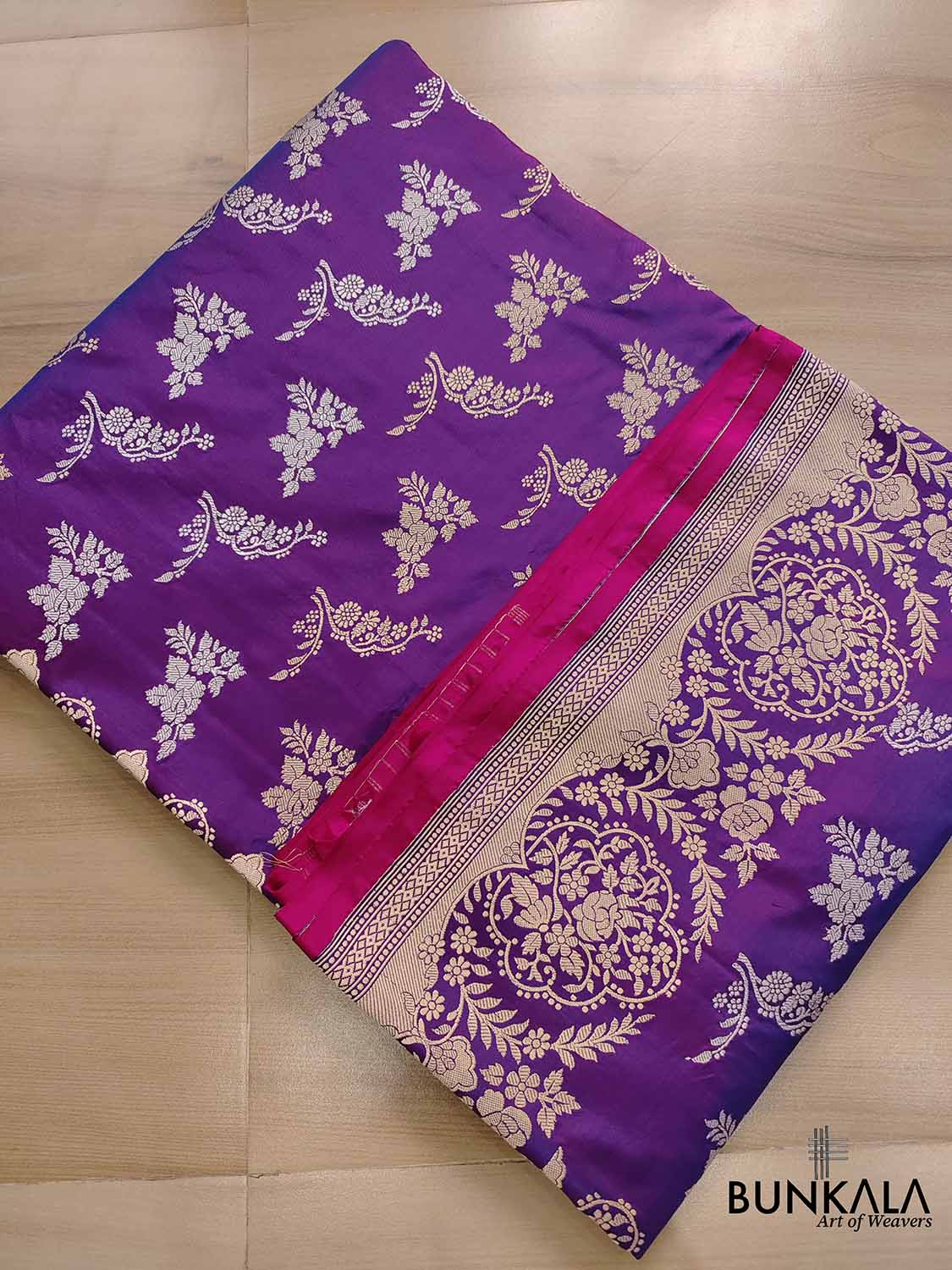 Luxurious Purple Pure Katan Silk Handloom Kadwa Weaved Gold and Silver Zari Floral Design Banarasi Saree